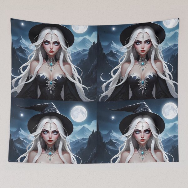 Item preview, Gothic white hair witch lightblue eyyes witch hat full moon mountains background designed and sold by EmeraldeaArt.