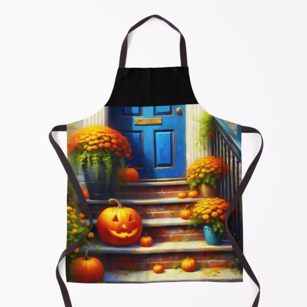 Item preview, Jackolantern and little pumpkins and orange color flowers in pots decorating the stairs of a house with blue door oil painting designed and sold by EmeraldeaArt.