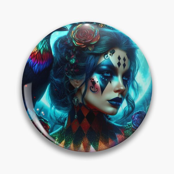 Item preview, The colorful harlequin Witch of the Woods with her crow on her shoulders digitalart	 designed and sold by EmeraldeaArt.
