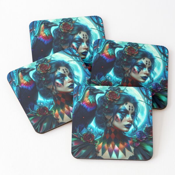 Item preview, The colorful harlequin Witch of the Woods with her crow on her shoulders digitalart	 designed and sold by EmeraldeaArt.