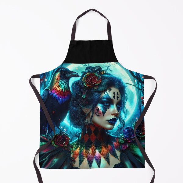 Item preview, The colorful harlequin Witch of the Woods with her crow on her shoulders digitalart designed and sold by EmeraldeaArt.