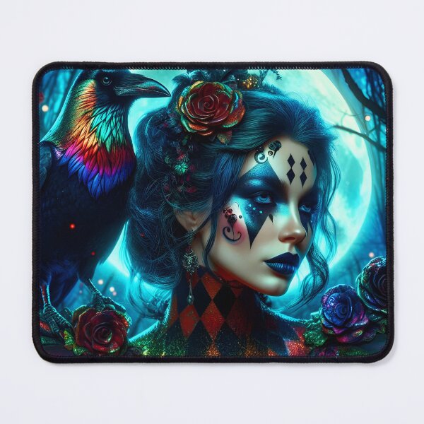 Item preview, The colorful harlequin Witch of the Woods with her crow on her shoulders digitalart	 designed and sold by EmeraldeaArt.