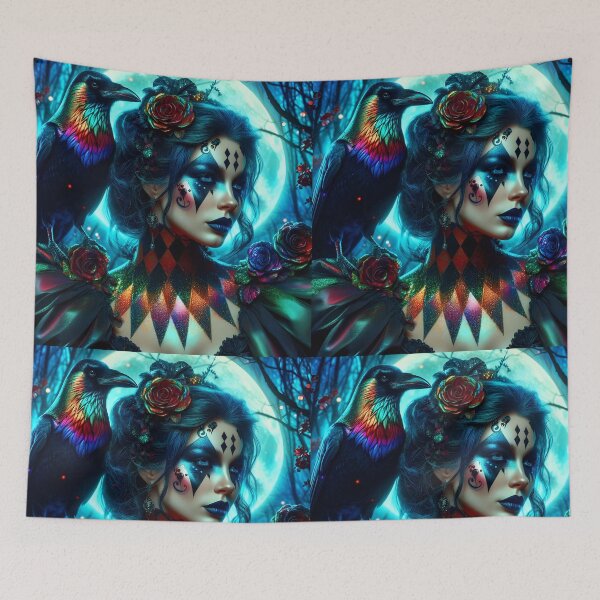 Item preview, The colorful harlequin Witch of the Woods with her crow on her shoulders digitalart	 designed and sold by EmeraldeaArt.