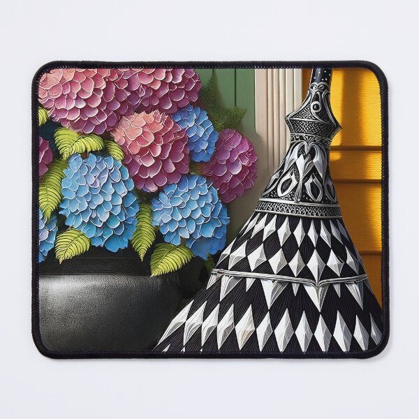 Item preview, Cute Harlequin witch broomstick art next to hydrangeas designed and sold by EmeraldeaArt.