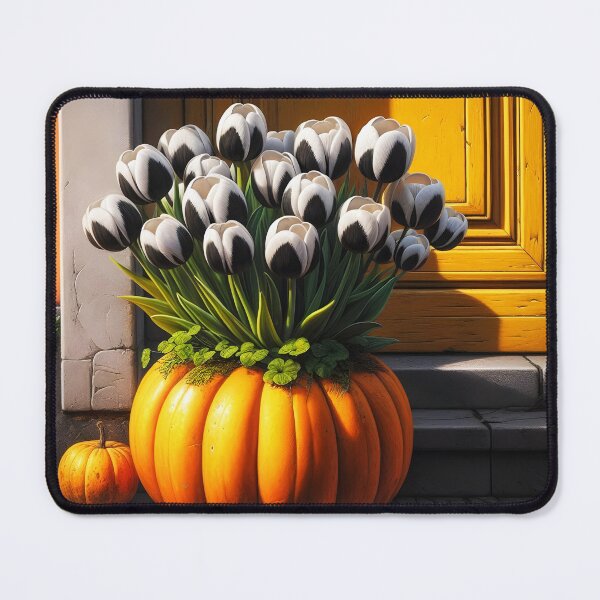 Item preview, Harlequin witch's halloween decor: black and white tulips in pumpkin pot designed and sold by EmeraldeaArt.