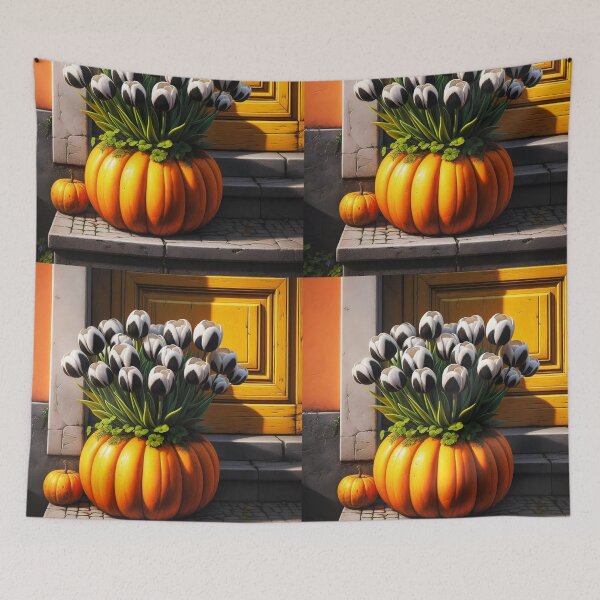 Item preview, Harlequin witch's halloween decor: black and white tulips in pumpkin pot designed and sold by EmeraldeaArt.