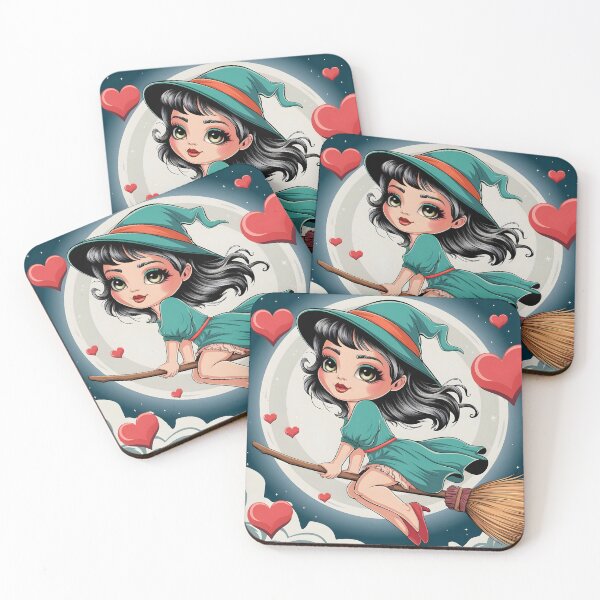 Item preview, Cute vector style witch in turquise pale colors flying on broom in front of a full moon surrounded by red hearts designed and sold by EmeraldeaArt.