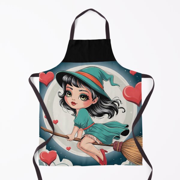 Item preview, Cute vector style witch in turquise pale colors flying on broom in front of a full moon surrounded by red hearts designed and sold by EmeraldeaArt.