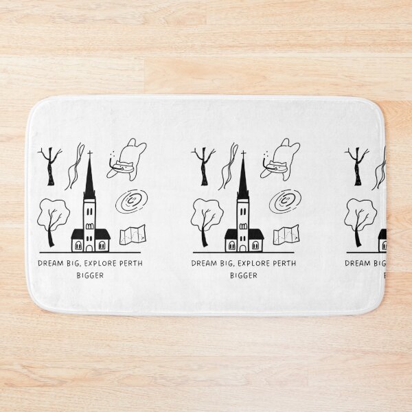 Item preview, Dream Big, Explore Perth Bigger | Illustration of a Church, a Diving Cat, a Map, and Trees designed and sold by RM-Journey.