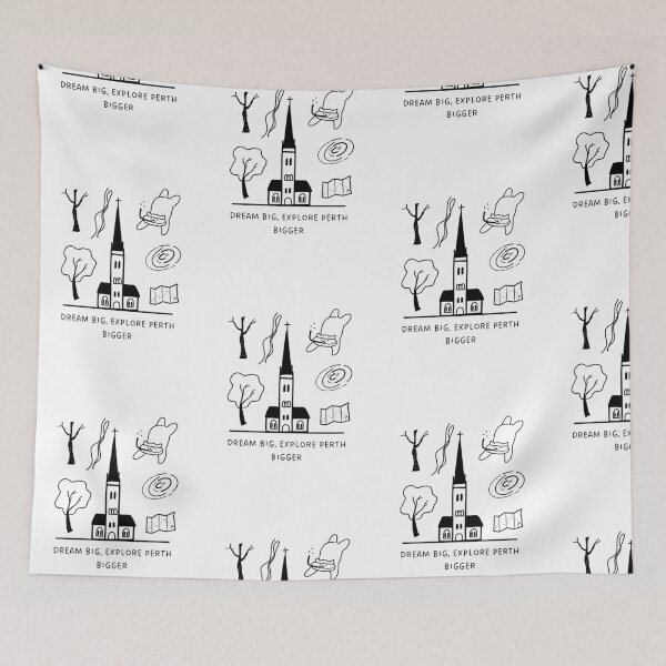 Item preview, Dream Big, Explore Perth Bigger | Illustration of a Church, a Diving Cat, a Map, and Trees designed and sold by RM-Journey.