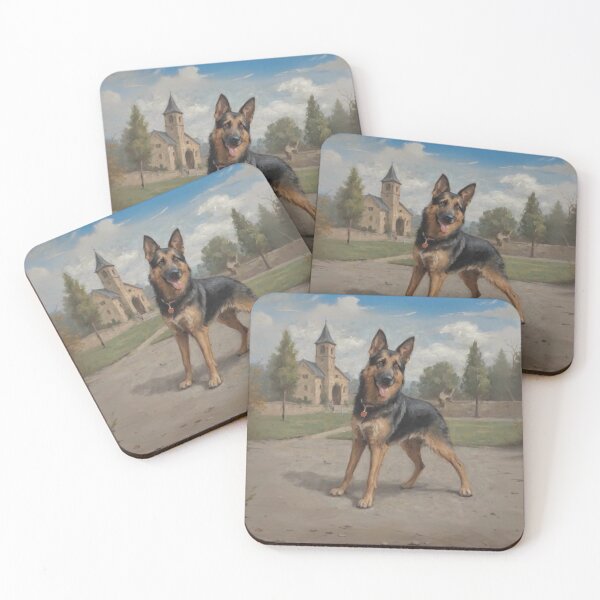 Item preview, German Shepherd on Country Path - Rustic Church Scene Oil Painting designed and sold by marvinismyname.