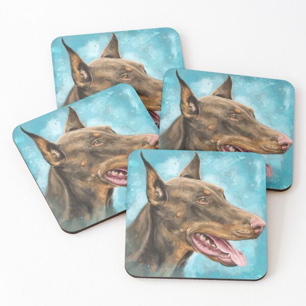 Item preview, Painting of a Gorgeous Brown and Gold Doberman on Light Blue Background designed and sold by ibadishi.