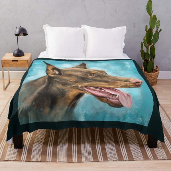 Item preview, Painting of a Gorgeous Brown and Gold Doberman on Light Blue Background designed and sold by ibadishi.