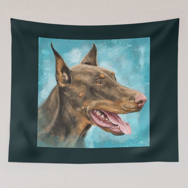 Item preview, Painting of a Gorgeous Brown and Gold Doberman on Light Blue Background designed and sold by ibadishi.