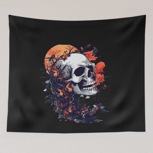 Item preview, human skull intertwined with branches, red butterflies, and birds flying around designed and sold by Natthiya Minimal.