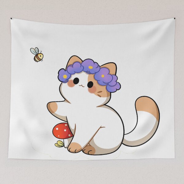 Item preview, Cute Cartoon Cat with Floral Crown and Bee Interaction designed and sold by ahmadwahyudif.