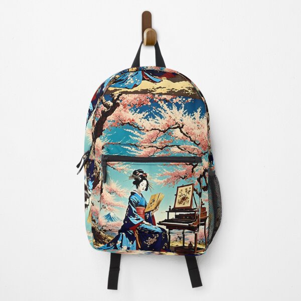 Item preview, Geisha with piano, sakura cherry trees and the iconic Fuji in the background, vintage designed and sold by Coolparrotgirl.