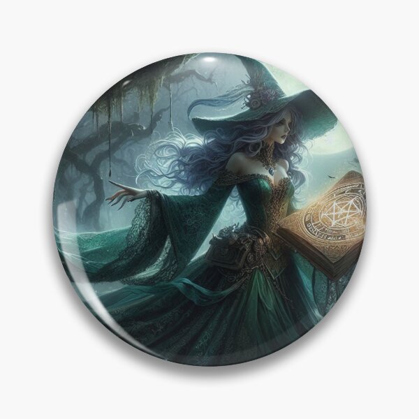 Item preview, An emerald witch in the forest casting a spell, under a full moon designed and sold by fireytoad.