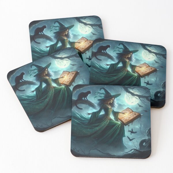 Item preview, An emerald witch in the forest casting a spell, in a moonlight glade designed and sold by fireytoad.