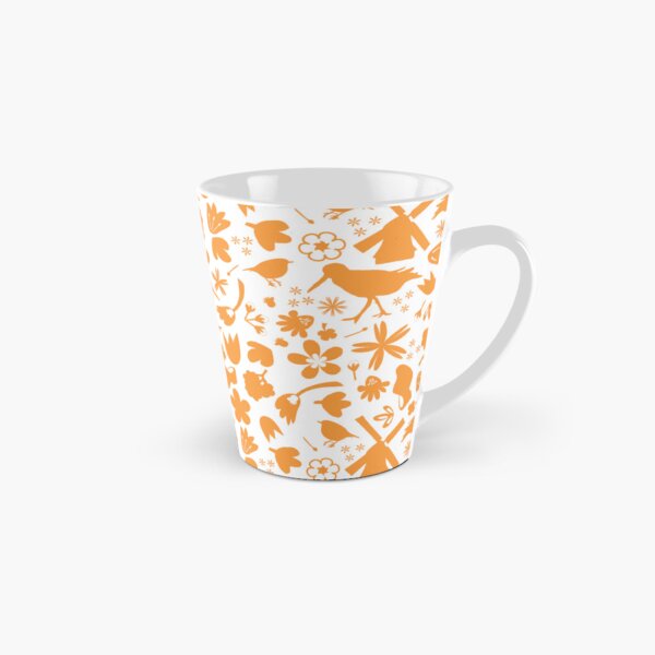 Dutch Folk Art – wind mill tulips flowers birds – orange on white Tall Mug