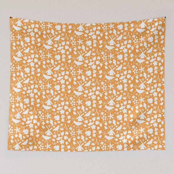 Item preview, Dutch Folk Art – wind mill tulips flowers birds - white on orange designed and sold by BrendaWaldekker.