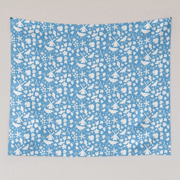 Item preview, Dutch Folk Art – wind mill tulips flowers birds – white on blue designed and sold by BrendaWaldekker.