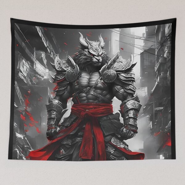 Item preview, Dystopian Samurai Lyran Cat Warrior – Fierce Samurai Beast in Urban Cityscape designed and sold by MystiqSlav.
