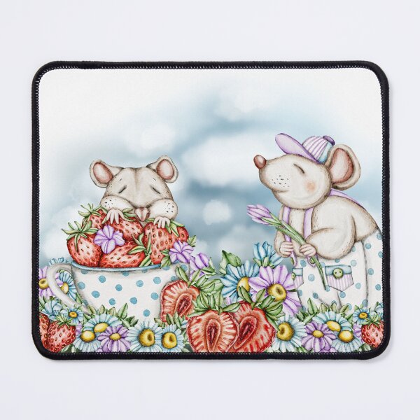 Item preview, digital illustration Cute mice with strawberries and flowers designed and sold by NelenaArt.