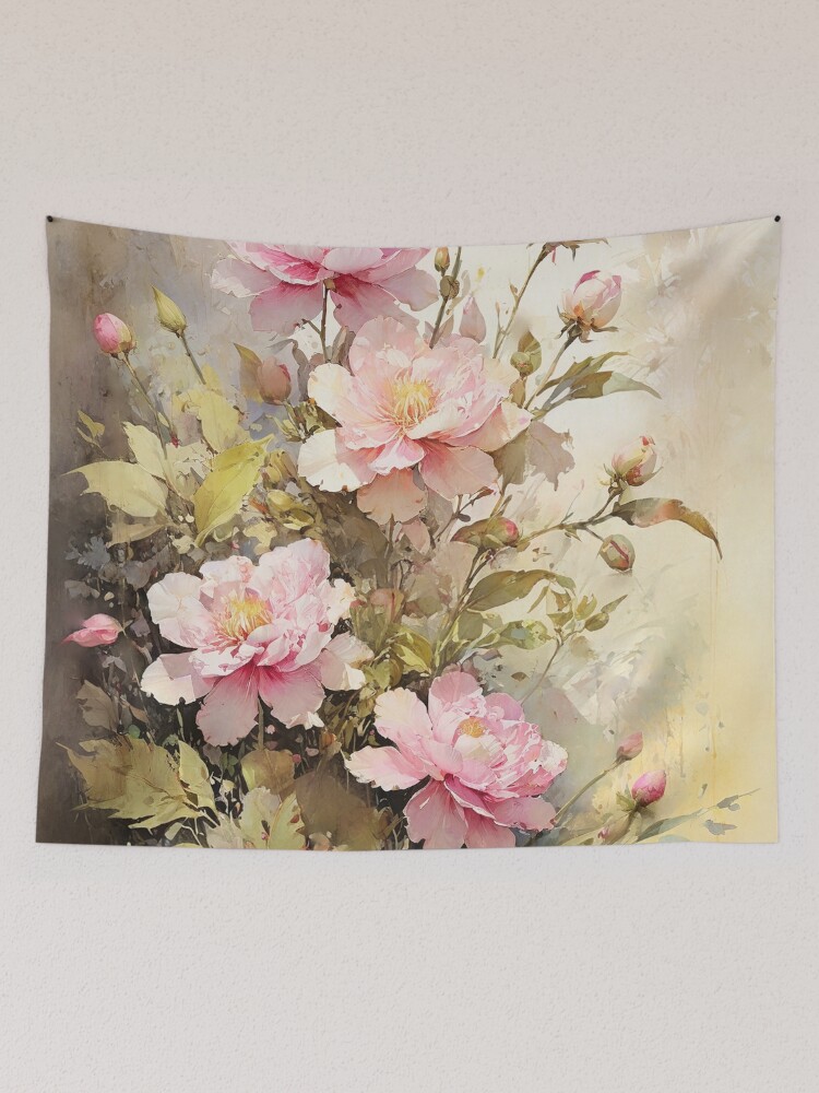 Thumbnail 2 of 3, Tapestry, Floral Painting, Pink Painterly Exotic Flowers 03 designed and sold by Varnachitra.