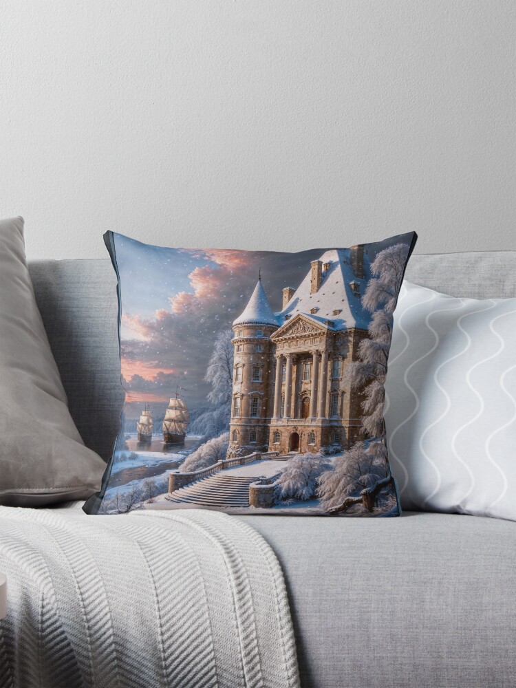 Elegant Riverside Estate Amidst Snowy Sunset Landscape With Distant Sailing Ships Peaceful AI Concept Art by Xzendor7 Decorative Art Print Throw Pillow