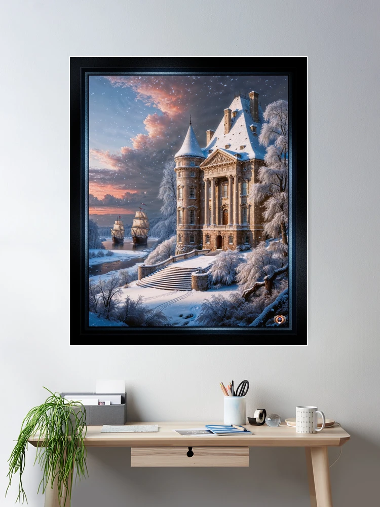 Elegant Riverside Estate Amidst Snowy Sunset Landscape With Distant Sailing Ships Peaceful AI Concept Art by Xzendor7 Wall Decor Poster Art Print