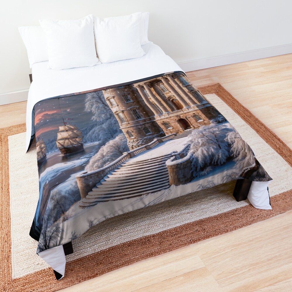 Elegant Riverside Estate Amidst Snowy Sunset Landscape With Distant Sailing Ships Peaceful AI Concept Art by Xzendor7 Decorative Art Print Comforter