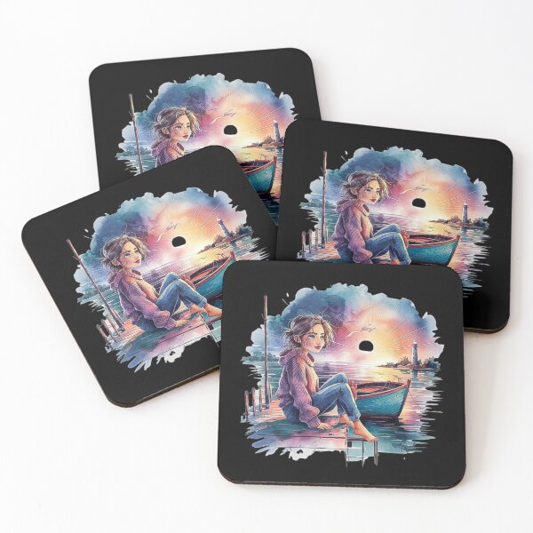 Item preview, Peaceful Sunset Scene with Girl by the Lakeside and Lighthouse designed and sold by love3617.