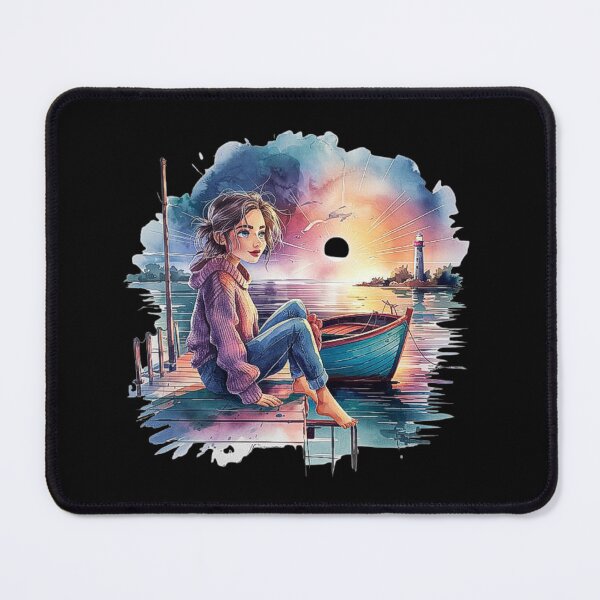 Item preview, Peaceful Sunset Scene with Girl by the Lakeside and Lighthouse designed and sold by love3617.
