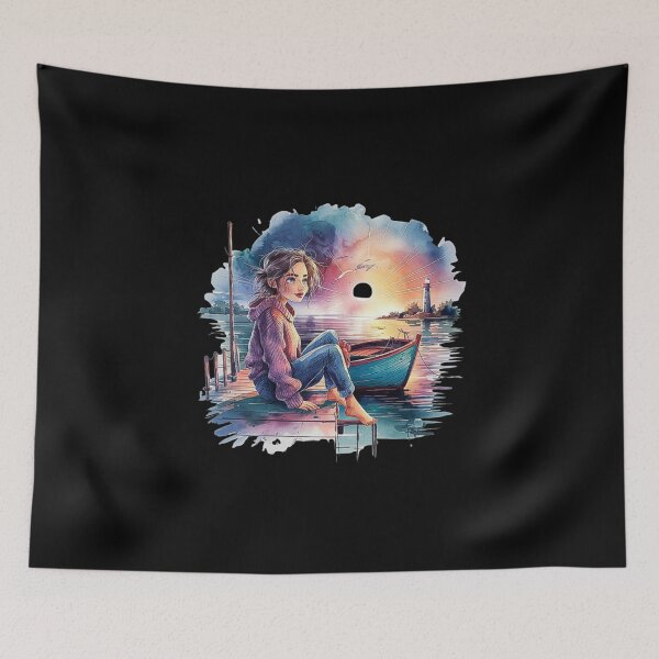 Item preview, Peaceful Sunset Scene with Girl by the Lakeside and Lighthouse designed and sold by love3617.