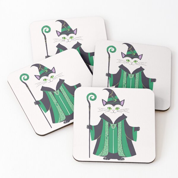 Item preview, Wizard Cat in Green Cloak and Hat with Magic Staff designed and sold by MarCreativArt.