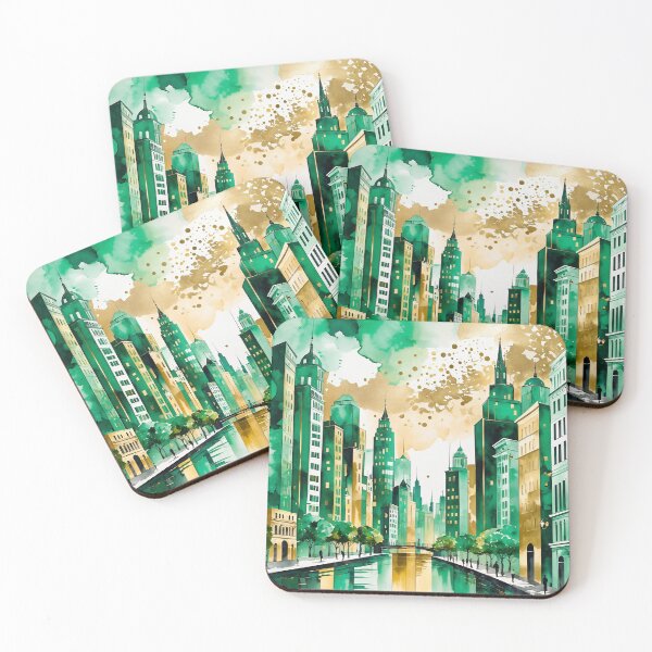 Item preview, City viiew in water paint style with emerald and gold shades designed and sold by Moonde04.