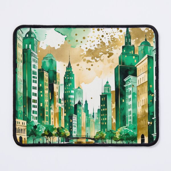 Item preview, City viiew in water paint style with emerald and gold shades designed and sold by Moonde04.
