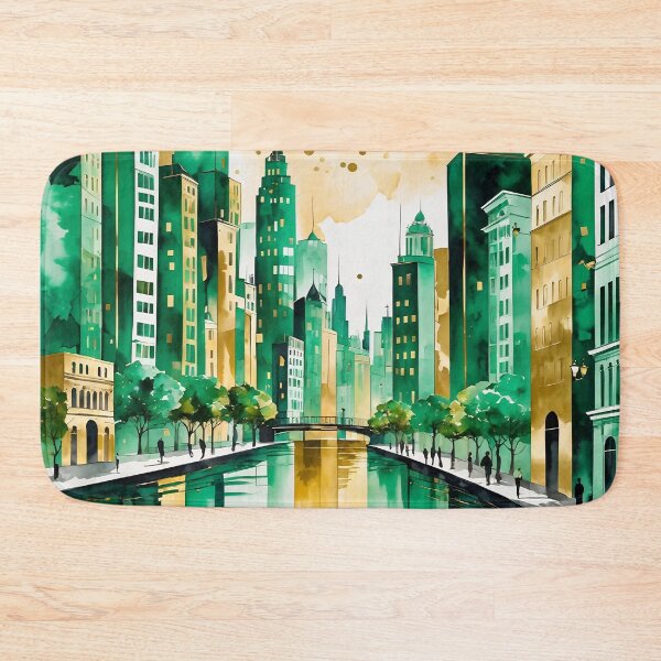 Item preview, City viiew in water paint style with emerald and gold shades designed and sold by Moonde04.