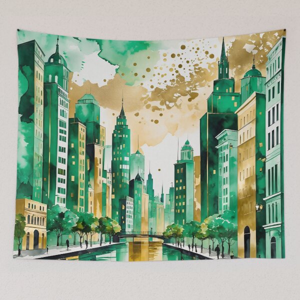 Item preview, City viiew in water paint style with emerald and gold shades designed and sold by Moonde04.