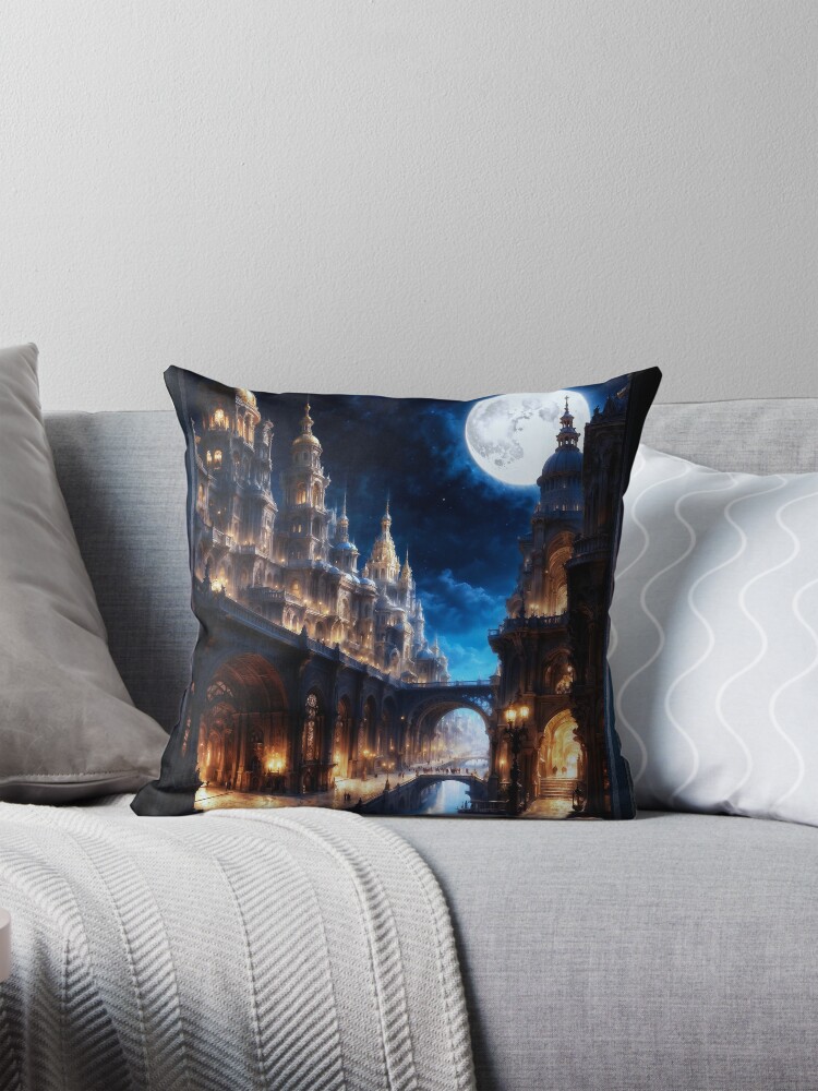 Enchanted Gothic City Of Allecia Illuminated By A Full Moon AI Concept Art by Xzendor7 4 Enchanted Gothic City Of Allecia Illuminated By A Full Moon Fantastic AI Concept Art by Xzendor7 Decorative Art Print Throw Pillow