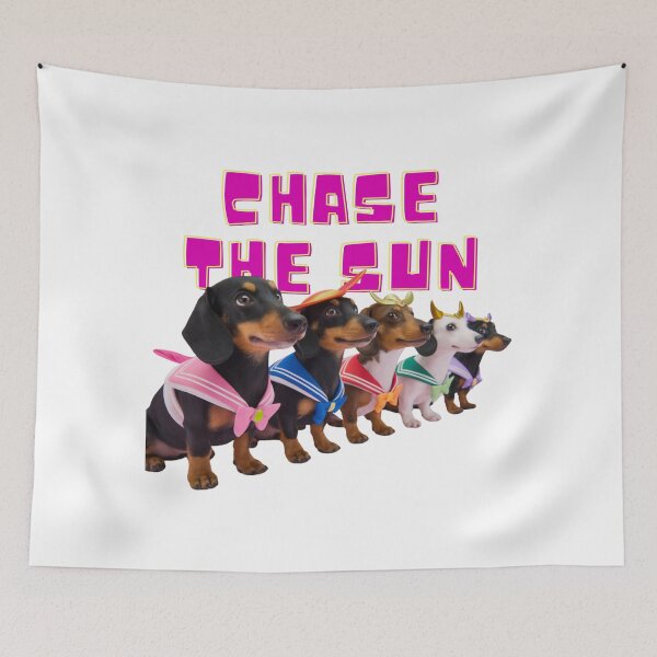 Item preview, Miniature Dachshund Heroes in Sailor Uniforms Lined Up with "Chase the Sun" designed and sold by AyaJP.
