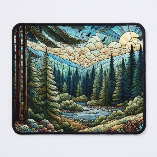 Item preview, Landscape of forest and mountains in stained glass style designed and sold by ArtNames.