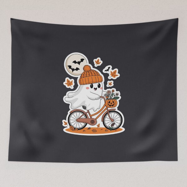 Item preview, cartoonish ghost wearing a knitted orange hat and riding a bicycle (1) designed and sold by khufra1.