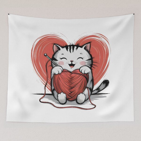 Item preview, Adorable Knitting Cat with Heart Yarn – Cute Cozy Love Design designed and sold by Pastel-Pulse.