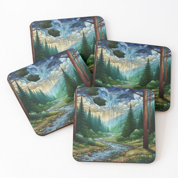 Item preview, Forest and mountains in the rain in stained glass style designed and sold by ArtNames.