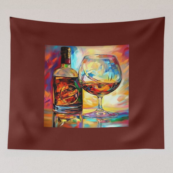Item preview, Vibrant Display of Brandy Bottle and Glass Against a Colorful Abstract Background AI Generated Digital Art designed and sold by OlfactoART Studio.