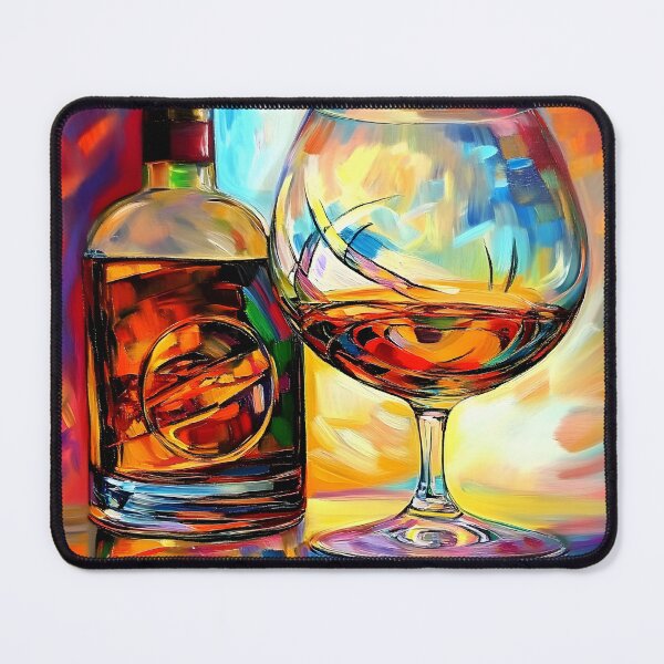 Item preview, Vibrant Display of Brandy Bottle and Glass Against a Colorful Abstract Background AI Generated Digital Art designed and sold by OlfactoART Studio.