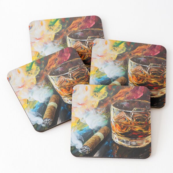 Item preview, Glass of Whiskey with Ice and Smoking Cigar Against Swirling, Vibrant Colors, Abstract Art Generative AI designed and sold by OlfactoART Studio.