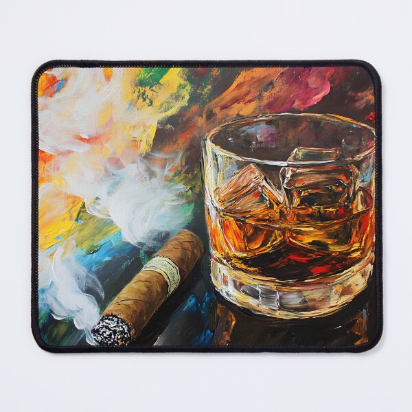 Item preview, Glass of Whiskey with Ice and Smoking Cigar Against Swirling, Vibrant Colors, Abstract Art Generative AI designed and sold by OlfactoART Studio.